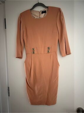 Elisabetta Franchi Peach Midi Sheath Dress Gold Logo Buttons Made in Italy